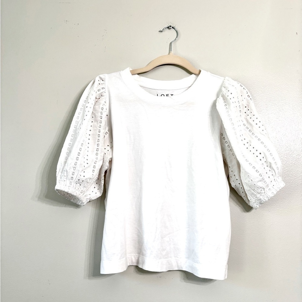 Loft Knit Tee with eyelet lace puff sleeves White - Picture 4 of 5